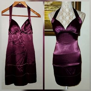 Vintage 1990s Metallic Satin Purple Bodycon Halter Cocktail Party Dress